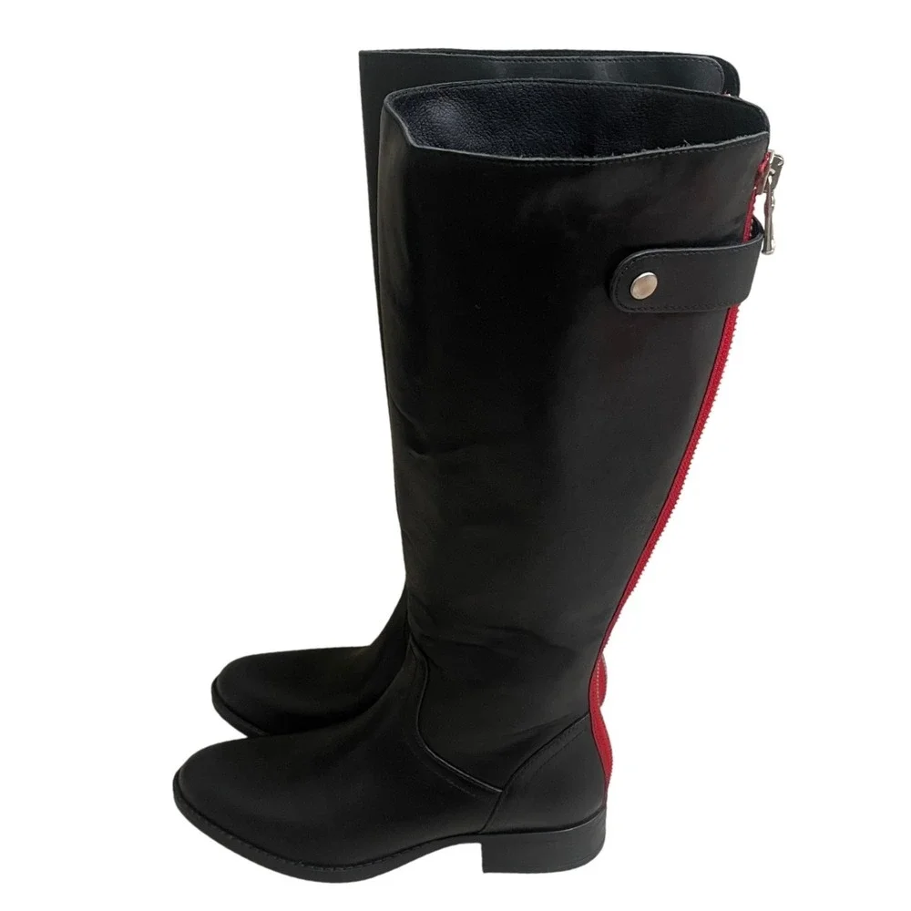 Steve Madden journal Black Tall leather Boots Red Navy Rear Zipper women z 8 EUC